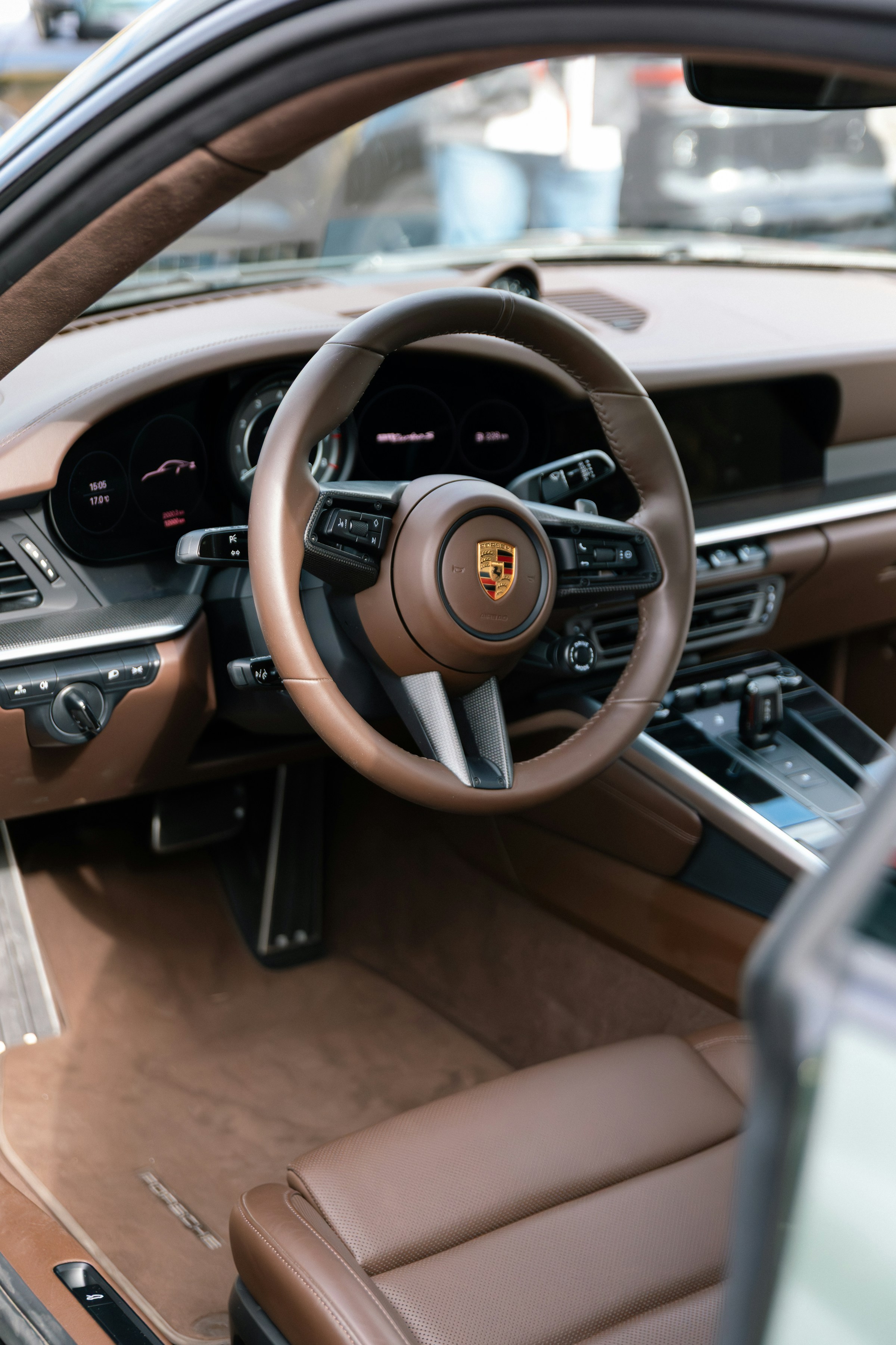 A beautifully crafted leather car interior, photographed in natural light